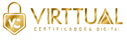 Logo dourada com um degradê platinado e um cadeado com nome da Virttual